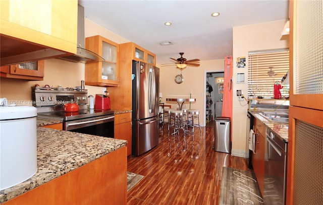 kitchen featuring light stone countertops, dark hardwood / wood-style flooring, ceiling fan, stainless steel appliances, and ventilation hood