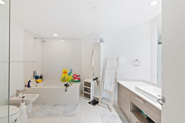 full bathroom featuring separate shower and tub, toilet, vanity, a bidet, and tile patterned flooring