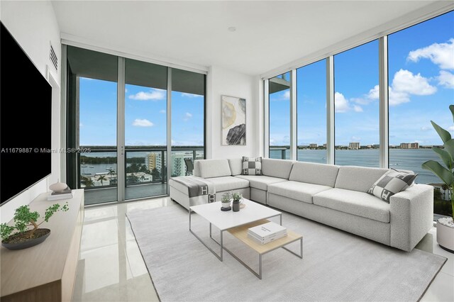 living room featuring plenty of natural light and a wall of windows