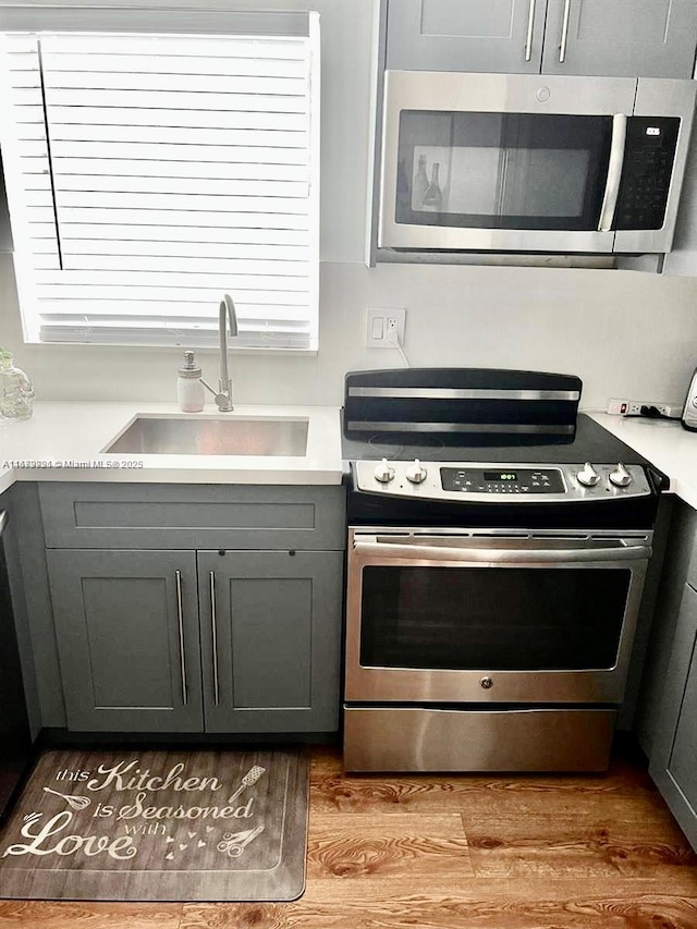 kitchen featuring gray cabinetry, stainless steel appliances, a sink, and light countertops