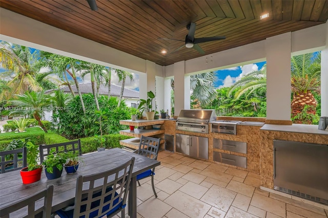 view of patio with area for grilling, ceiling fan, and a grill