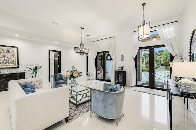 tiled living room with french doors