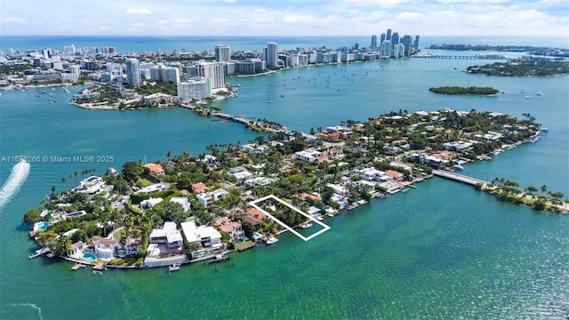 aerial view with a water view and a city view