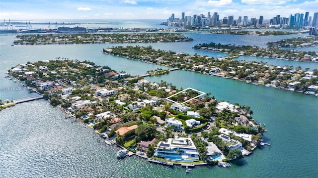 bird's eye view featuring a water view and a city view
