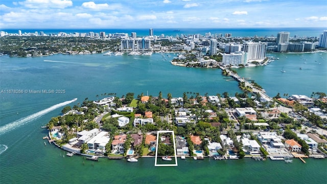 drone / aerial view featuring a water view and a view of city