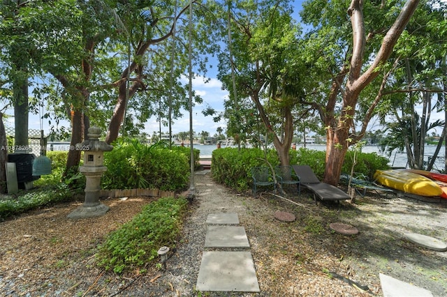 view of yard with a water view