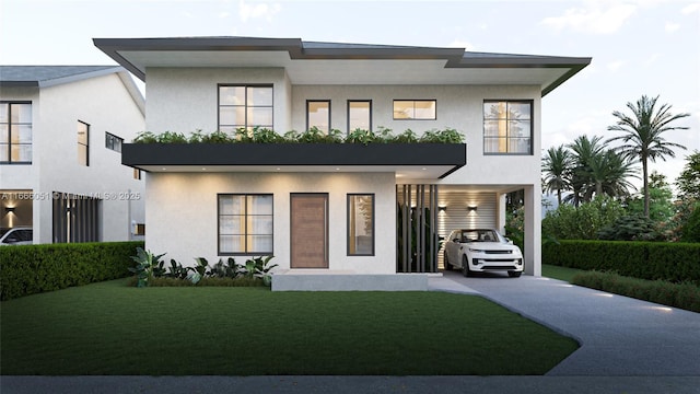 contemporary home featuring a carport and a front yard