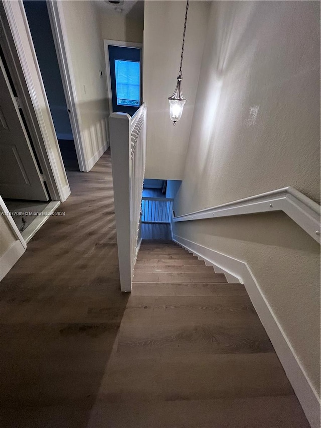 staircase with hardwood / wood-style floors