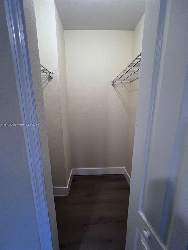 walk in closet with dark hardwood / wood-style flooring