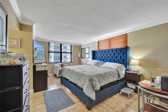 tiled bedroom with a textured ceiling and ornamental molding