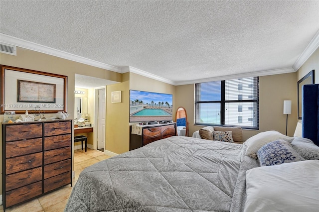 bedroom featuring a textured ceiling, crown molding, and light tile patterned flooring