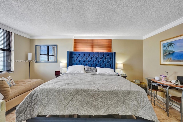 bedroom with ornamental molding and a textured ceiling