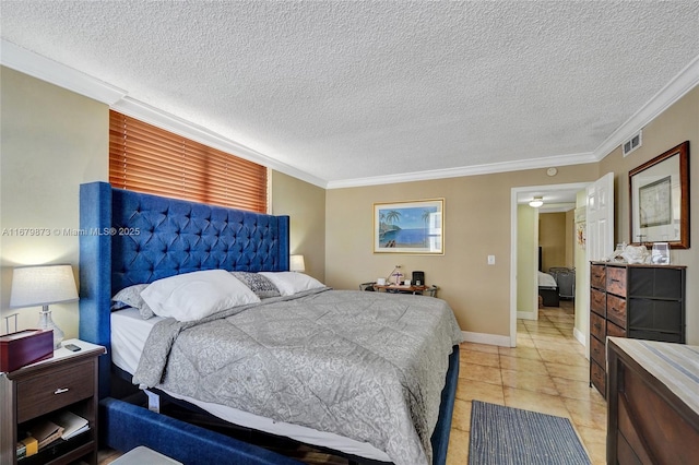 tiled bedroom with ornamental molding and a textured ceiling