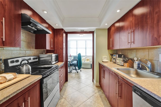 kitchen with appliances with stainless steel finishes, range hood, crown molding, a raised ceiling, and sink