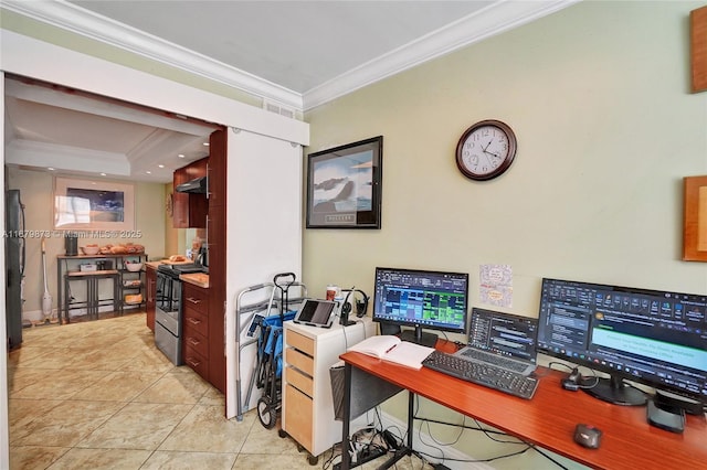 office space with light tile patterned floors and crown molding