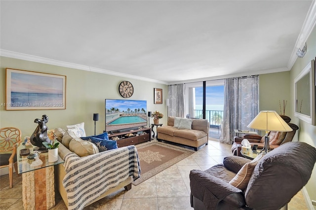 tiled living room with ornamental molding