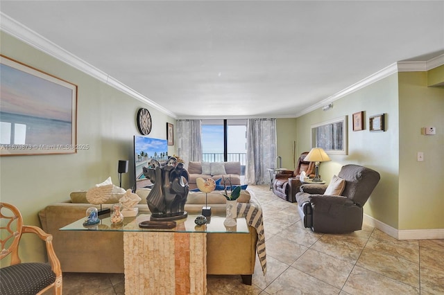 tiled living room featuring ornamental molding