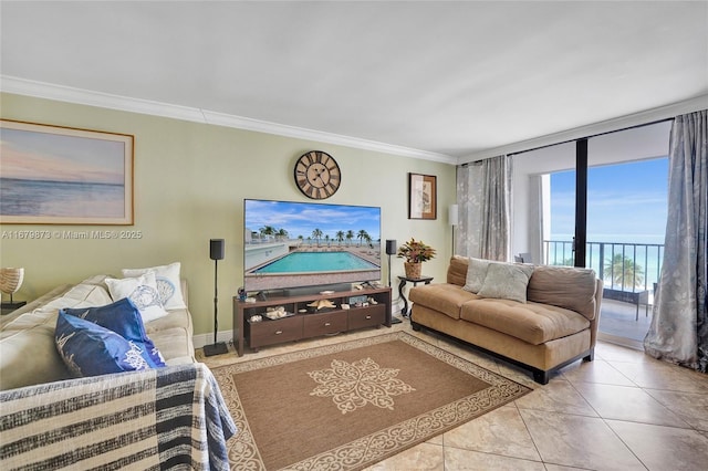 tiled living room with ornamental molding