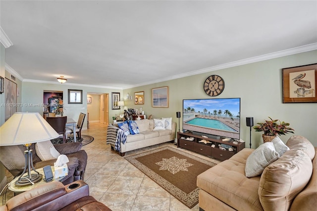 tiled living room featuring ornamental molding