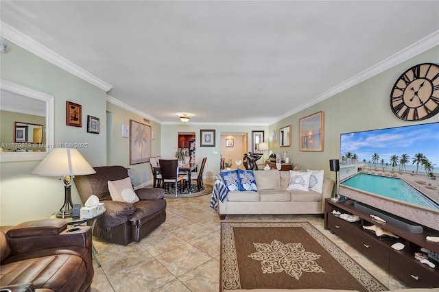 tiled living room with ornamental molding