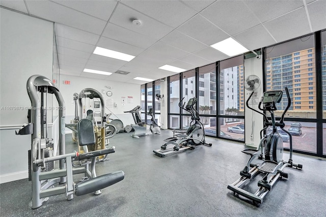 workout area featuring a paneled ceiling and a wall of windows