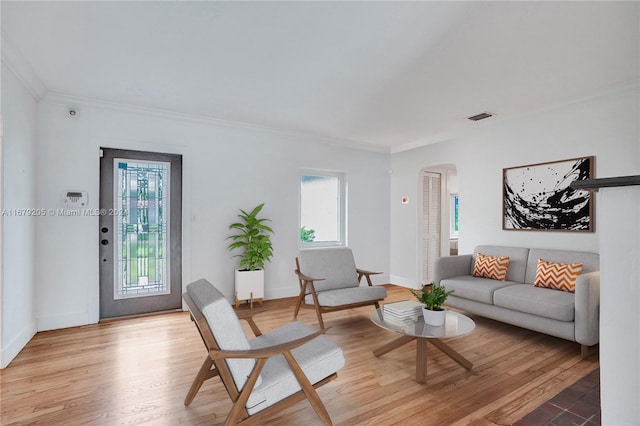 living room featuring wood-type flooring, ornamental molding, and a wealth of natural light