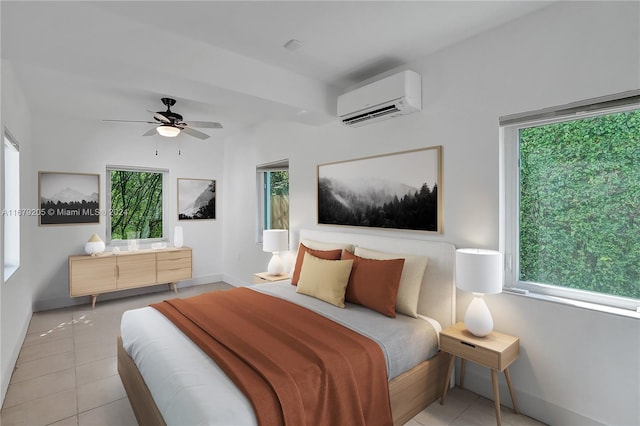 tiled bedroom with a wall unit AC, multiple windows, and ceiling fan