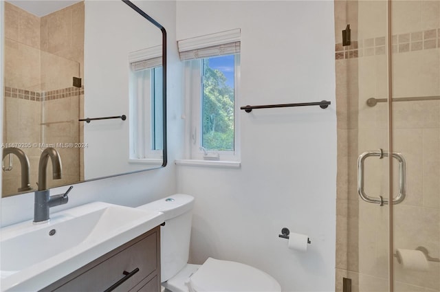 bathroom with vanity, toilet, and an enclosed shower