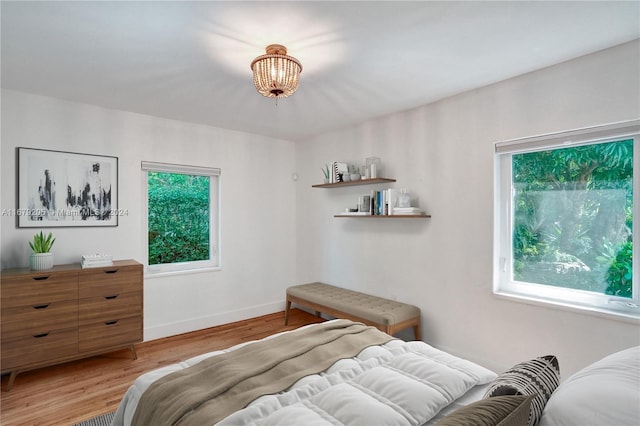 bedroom with light hardwood / wood-style floors and multiple windows