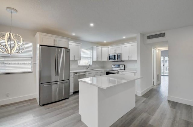 kitchen with appliances with stainless steel finishes, white cabinets, sink, and pendant lighting