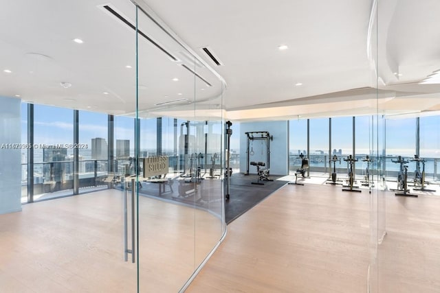 gym with a water view, light wood-type flooring, floor to ceiling windows, and a wealth of natural light