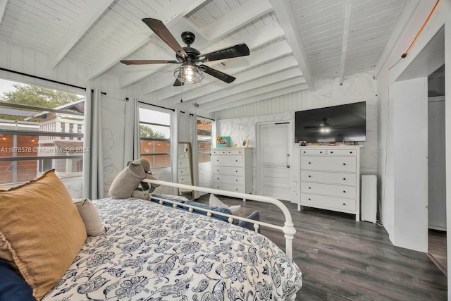 bedroom with dark wood-type flooring, ceiling fan, wood walls, and vaulted ceiling with beams