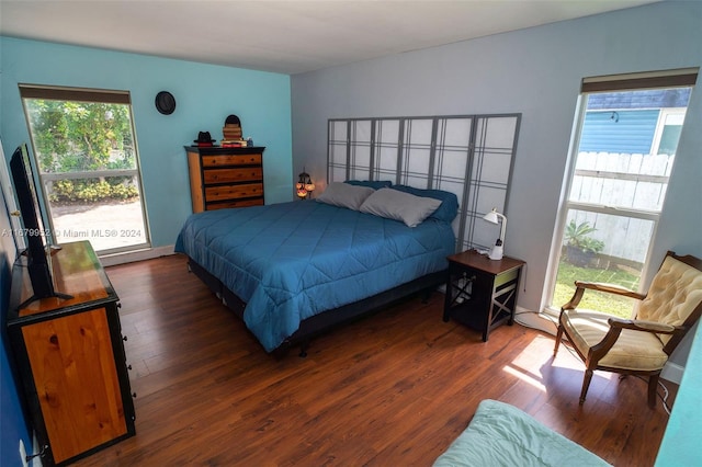 bedroom featuring dark hardwood / wood-style floors and multiple windows