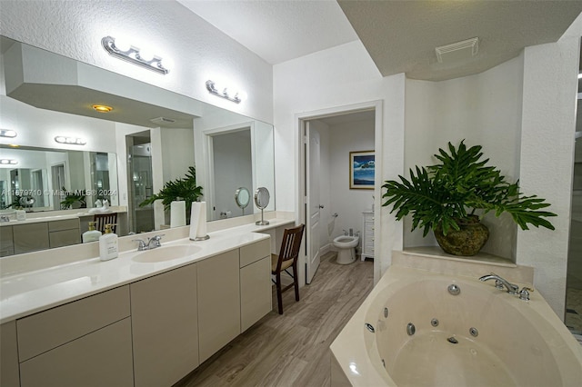 bathroom featuring vanity, toilet, wood-type flooring, and a bidet