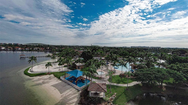 bird's eye view with a water view