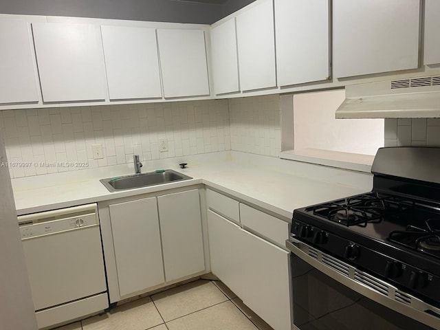 kitchen with white cabinetry, sink, black range with gas stovetop, and white dishwasher