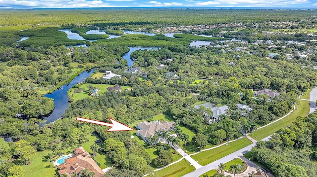 drone / aerial view featuring a water view