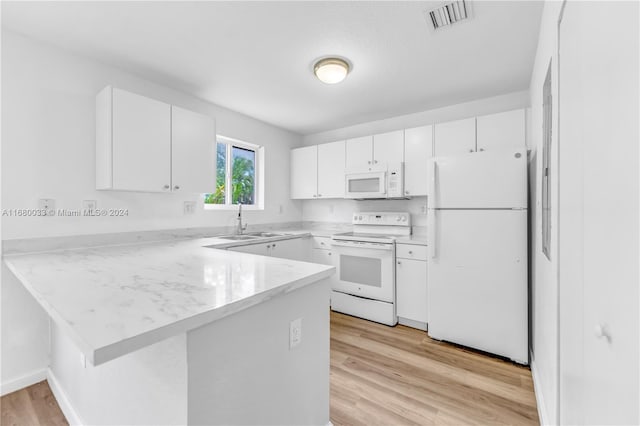 kitchen featuring kitchen peninsula, sink, light wood-type flooring, white cabinets, and white appliances