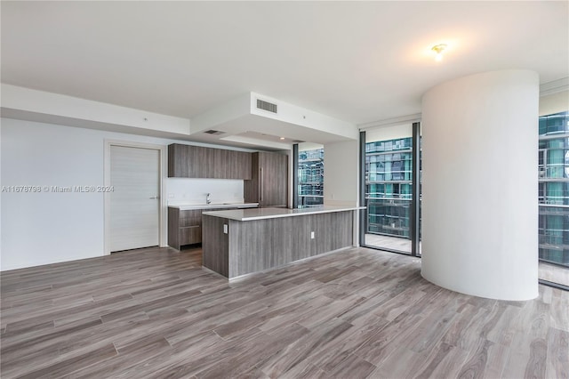 kitchen with a center island, light wood-type flooring, and plenty of natural light