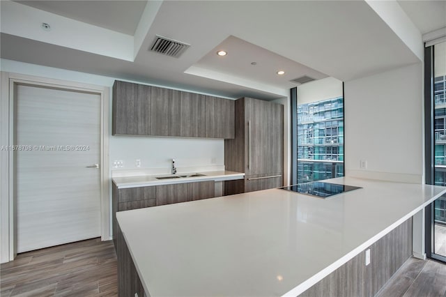 kitchen with black electric stovetop, light hardwood / wood-style flooring, sink, and kitchen peninsula