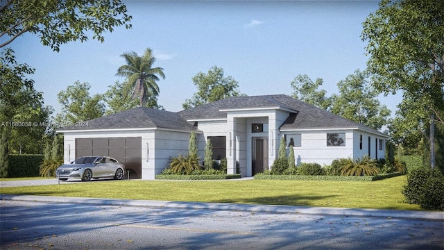 view of front of property with a garage and a front lawn