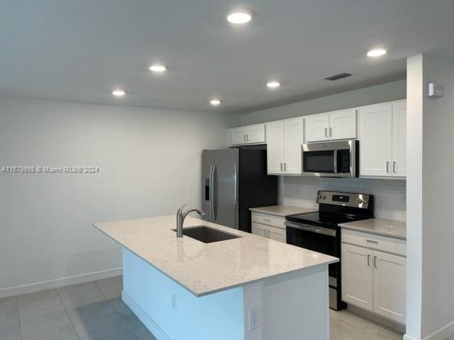 kitchen with sink, stainless steel appliances, white cabinets, decorative backsplash, and a kitchen island with sink