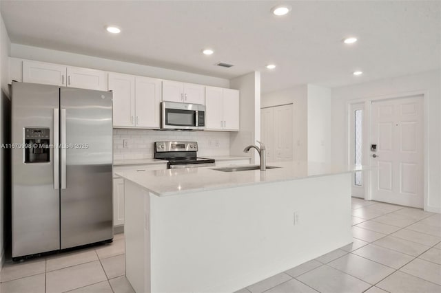 kitchen featuring white cabinetry, an island with sink, appliances with stainless steel finishes, and sink