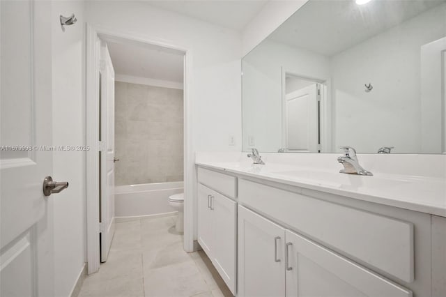 full bathroom featuring vanity, tiled shower / bath, tile patterned flooring, and toilet