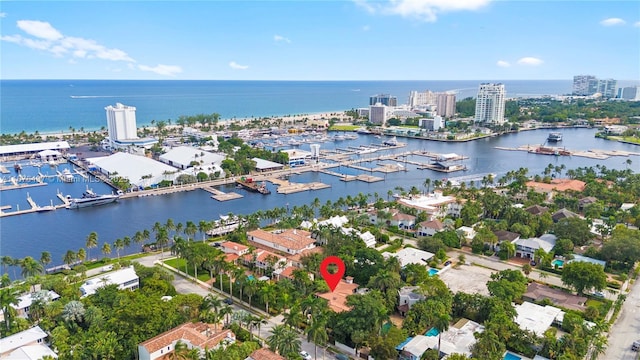 birds eye view of property with a water view