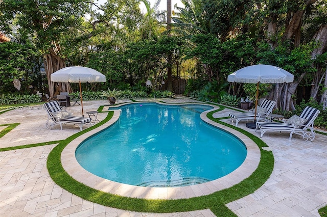 outdoor pool featuring a fenced backyard and a patio