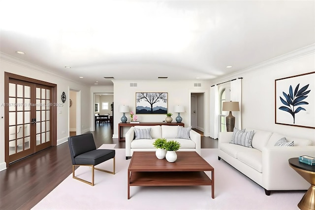2616 Acacia Ct, Fort Lauderdale, FL 33301 - living area featuring ornamental molding, french doors, recessed lighting, dark wood finished floors, and baseboards