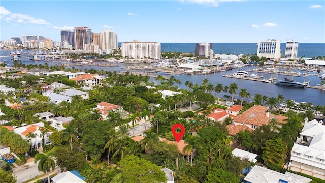 bird's eye view with a view of city and a water view