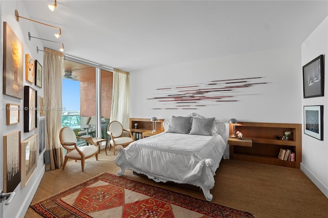 carpeted bedroom with a wall of windows