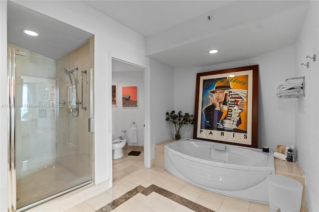 bathroom with a bidet, shower with separate bathtub, and tile patterned floors